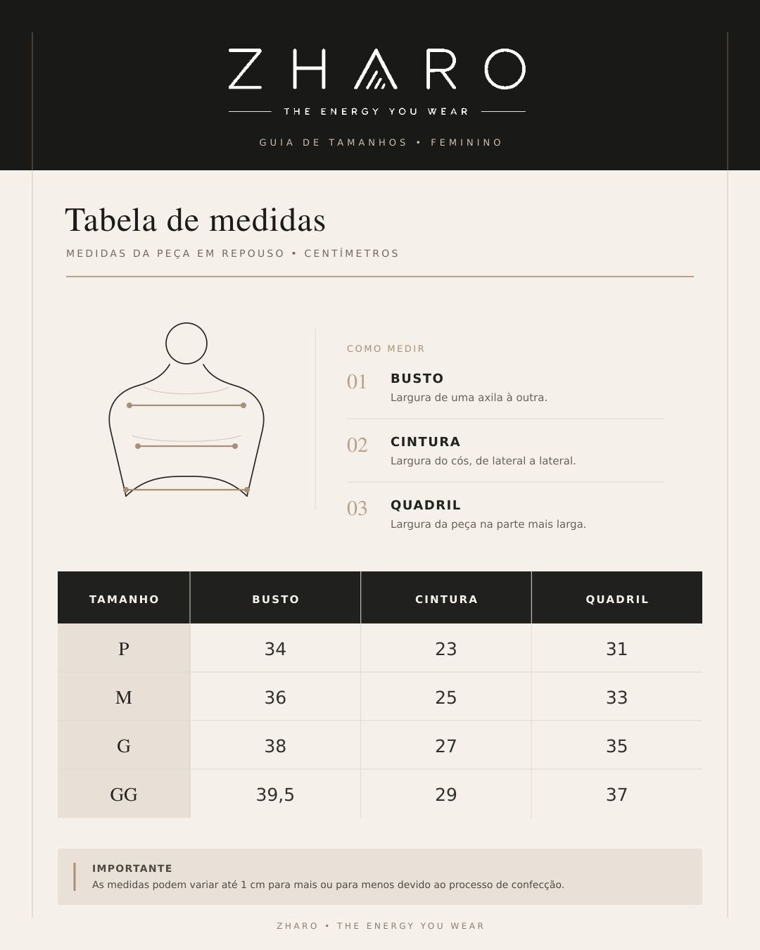 Tabela de medidas das peças femininas ZHARO em repouso